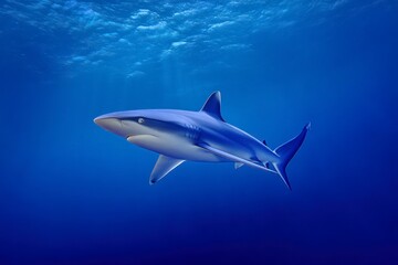 A blue shark glides in deep blue water light filtering from above