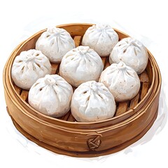 Fototapeta premium Delicious Steamed Buns in a Bamboo Steamer Basket Ready to Eat.