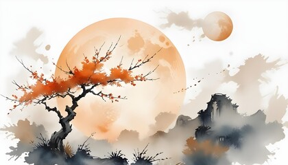 Cozy watercolor illustration of a tree with orange leaves, showcasing an oriental style autumn forest background