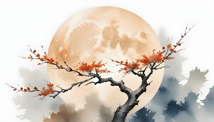 Watercolor clip art of a textured tree with orange leaves, representing a cozy autumn scene in an oriental style