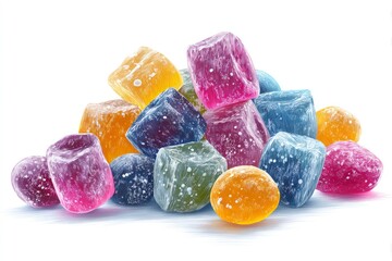 A pile of colorful translucent cubeshaped and round candies with white dots