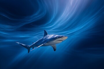 Fototapeta premium A shark swims in deep blue water light refracting above