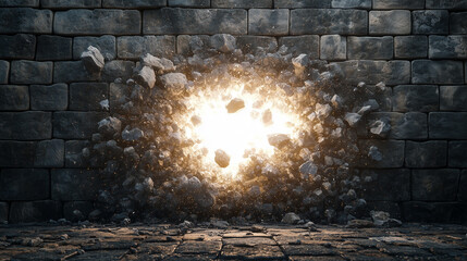 A powerful explosion breaking through a dark brick wall. This dramatic image is perfect for concepts of breakthrough, power, and disruption