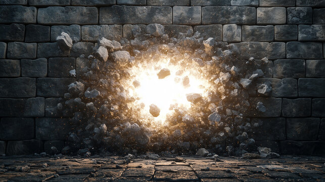 A powerful explosion breaking through a dark brick wall. This dramatic image is perfect for concepts of breakthrough, power, and disruption