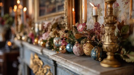 Elegant Festive Mantel with Candles and Ornaments in Soft Candlelight