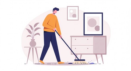 Young Man Sweeping Floor in Modern Home Living Room, Performing Domestic Chores and Household Cleaning Tasks, Flat Vector Illustration