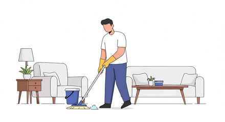 Man Mopping Floor in Living Room. Male Character Engaged in Domestic Chores and House Cleaning. Flat Style Vector Illustration for Home Maintenance...