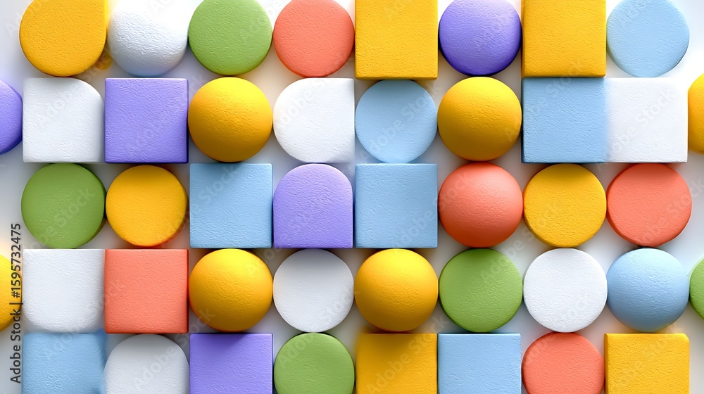 Fototapete a grid-based seamless pattern with alternating circular and square motifs in soft pastels, rendered 