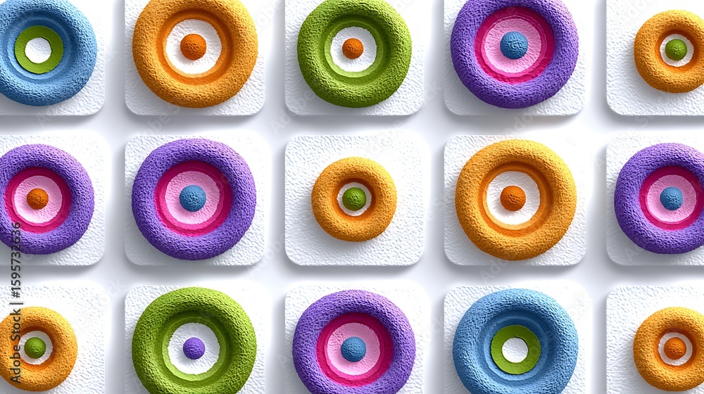 Fototapete a grid-based seamless pattern with alternating circular and square motifs in soft pastels, rendered 