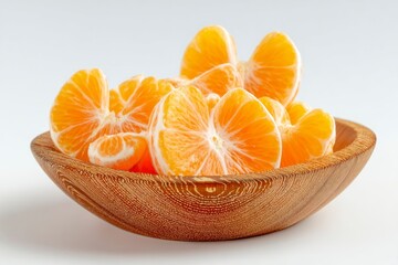 Orange sections fill a wooden bowl showcasing textures and the fruits vibrant color The background is plain white