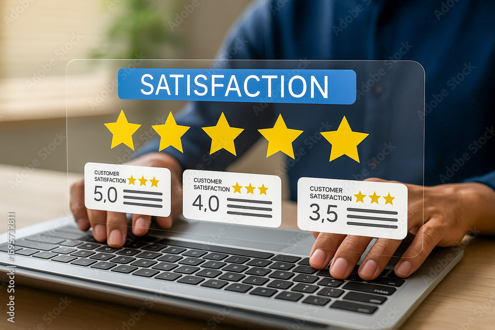 Aufkleber business user inputting customer satisfaction ratings through interactive interface on laptop