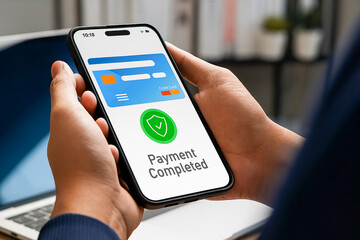 Hand holding smartphone showing payment completed screen with credit card information