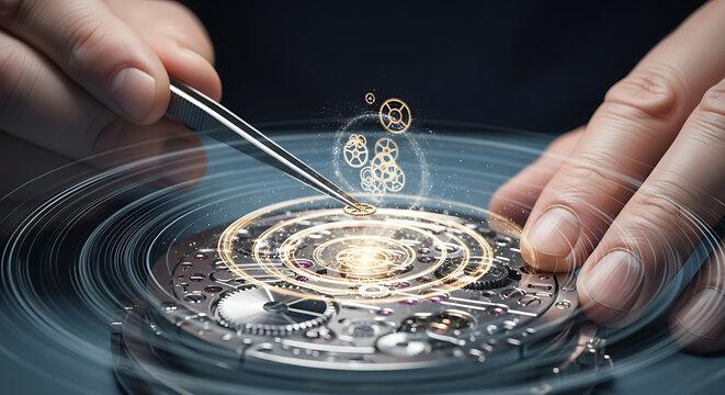 A close-up view of a watchmaker meticulously repairing a complex mechanical timepiece with precision tools. - Powered by Adobe