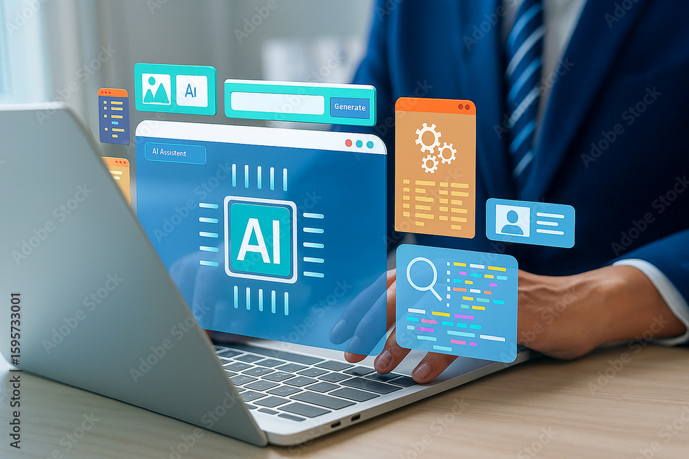 Poster person working on laptop with futuristic artificial intelligence assistant dashboard ui
