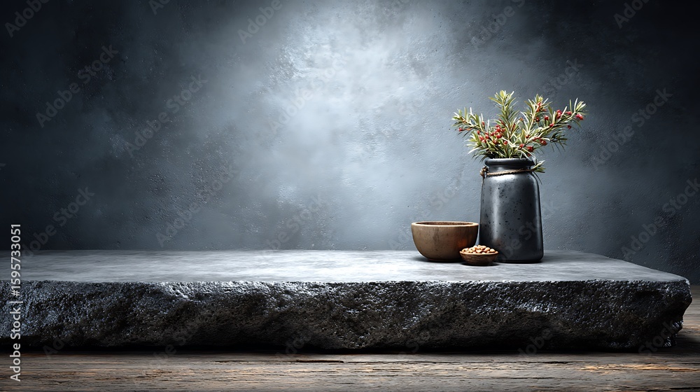 Poster a high-angle shot of a grey concrete table with a refined matte surface, emphasizing its minimalist 