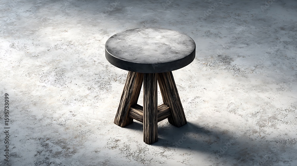 Poster a high-angle shot of a grey concrete table with a refined matte surface, emphasizing its minimalist 