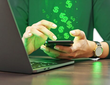 Hands using a smartphone and laptop, surrounded by floating dollar signs