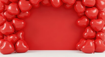 Photo of a festive archway made of red heartshaped balloons against a red background