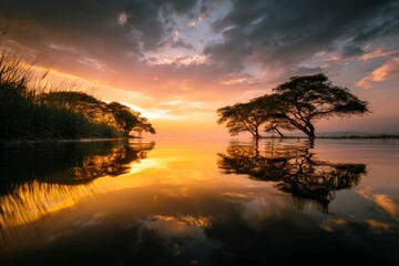 Obraz premium Tranquil lake scene at sunset with silhouetted trees reflected in the water