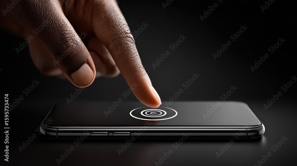 Poster finger pressing a circular account icon on a smartphone app interface, indicating user authenticatio