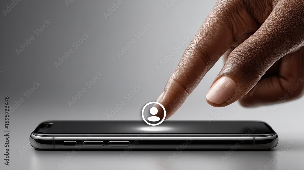 Poster finger pressing a circular account icon on a smartphone app interface, indicating user authenticatio