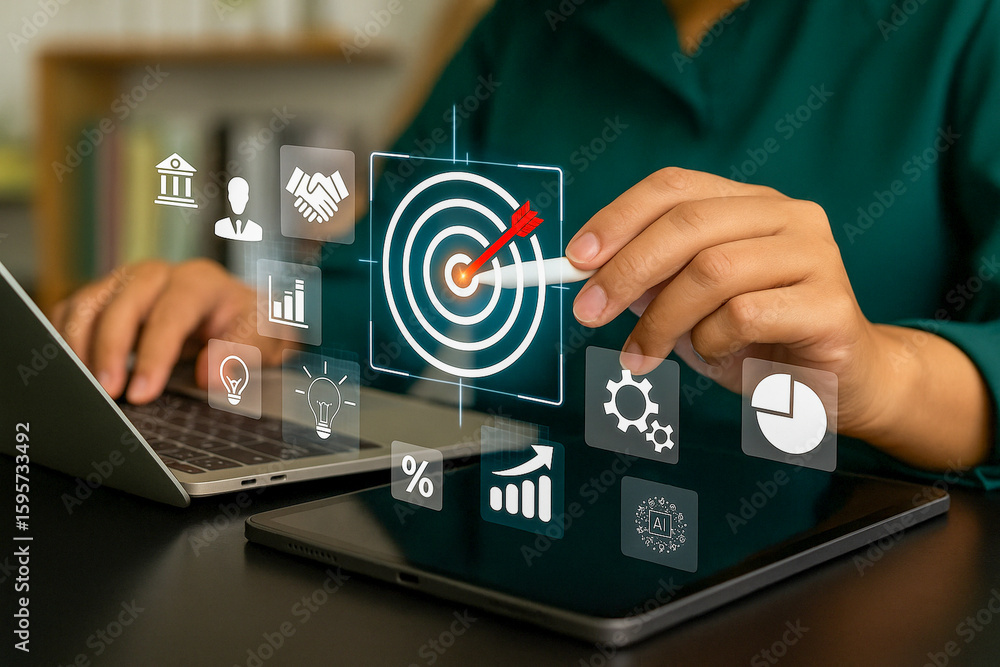 Poster target marketing strategy with digital analytics icons for business performance optimization