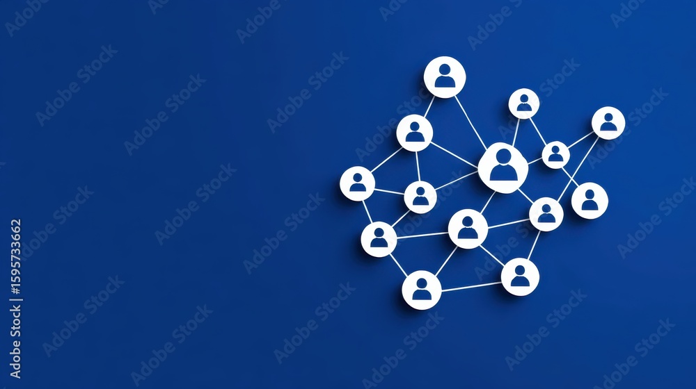 Poster group of account icons connected by lines on a network map, symbolizing social connections or user g