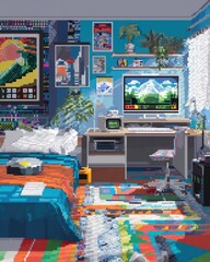 Colorful Retro Gaming Room with Pixel Art Decor and Vintage Computer