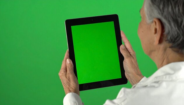 Senior person holding a tablet computer with a blank green screen against a solid green background. - Powered by Adobe