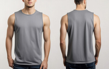 Front and back view of a man wearing a plain gray sleeveless tank top