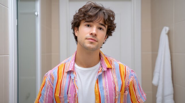 Daily life in small apartment, A young man with curly hair wearing a colorful striped shirt poses casually in a bright, modern bathroom.