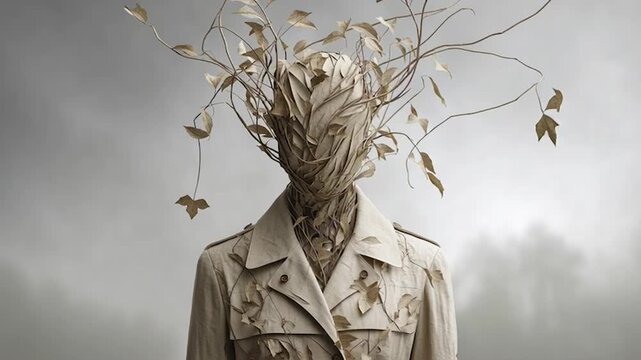 Surreal conceptual of a human figure made of dried leaves, branches, and twisting vines
