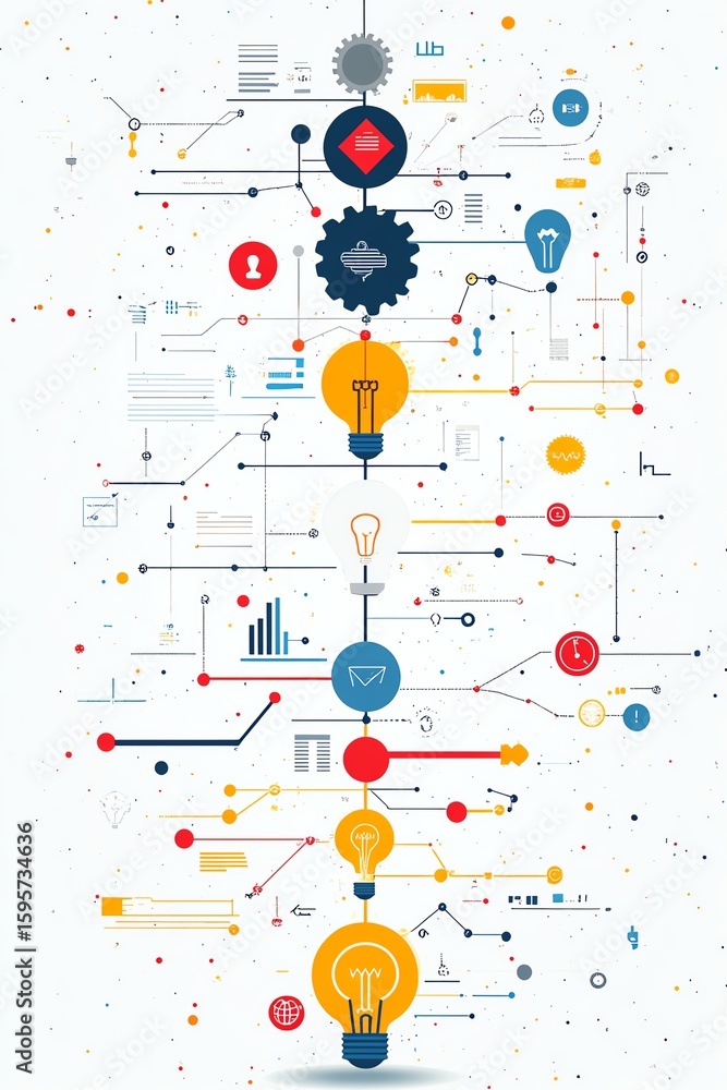 Poster from concept to execution business flow with gears and light bulb icons