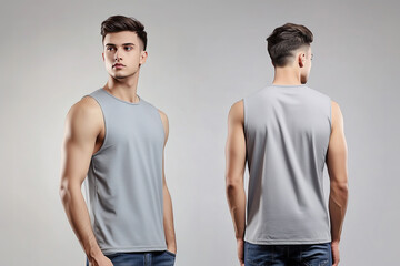 Front and back view of a man wearing a plain gray sleeveless tank top