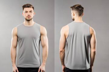 Front and back view of a man wearing a plain gray sleeveless tank top