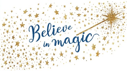 Gold glitter stars and a magic wand surround the words "Believe in Magic" in navy blue script