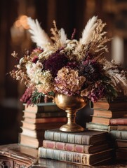 Vintage Floral Arrangement on Antique Books in Warm Candlelit Setting