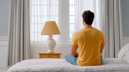 Daily life in small apartment, A man in a yellow shirt sits cross-legged on a bed facing large windows with white curtains, next to a wooden nightstand with a beige lamp.