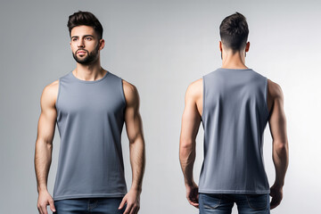 Front and back view of a man wearing a plain gray sleeveless tank top