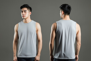 Front and back view of a man wearing a plain gray sleeveless tank top