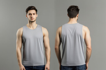 Front and back view of a man wearing a plain gray sleeveless tank top