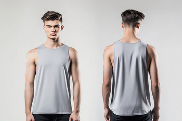 Front and back view of a man wearing a plain gray sleeveless tank top