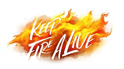 Fiery, stylized brush lettering "Keep Fire Alive" embedded within a dynamic, orange-yellow flame illustration against a white background.  The flames have a watercolor-like texture