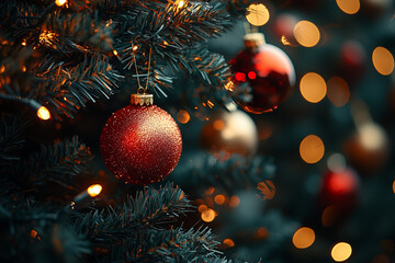 close-up of realistic Christmas tree branches, red and gold ornaments hanging, soft lights glowing, dark background blurred, extreme depth of field, cinematic lighting