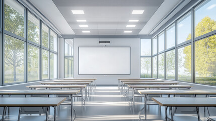 An empty, modern classroom or lecture hall with white desks and a blank screen. This image is perfect for themes of education, learning, or presentation