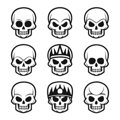 Stylized skulls with various expressions and headwear