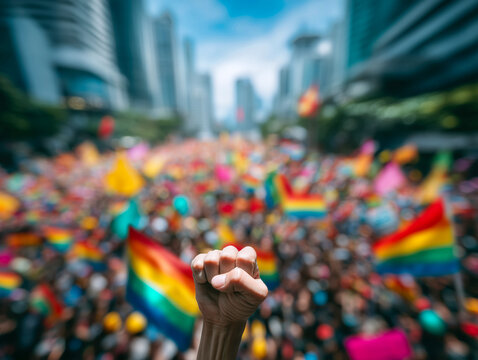 Fist raised amidst a crowd waving rainbow flags at a vibrant celebration.