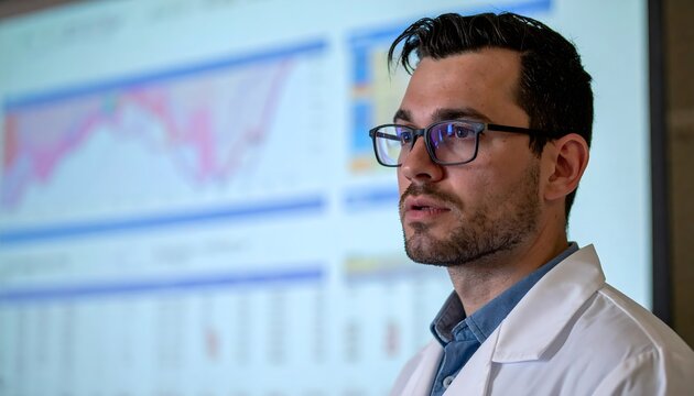 Focused Researcher Explaining Scientific Charts and Graphs