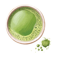 Green tea in cup, top view watercolor illustration isolated