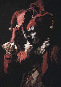 Mysterious Jester in Red Costume and Intricate Face Paint Under Dim Lighting